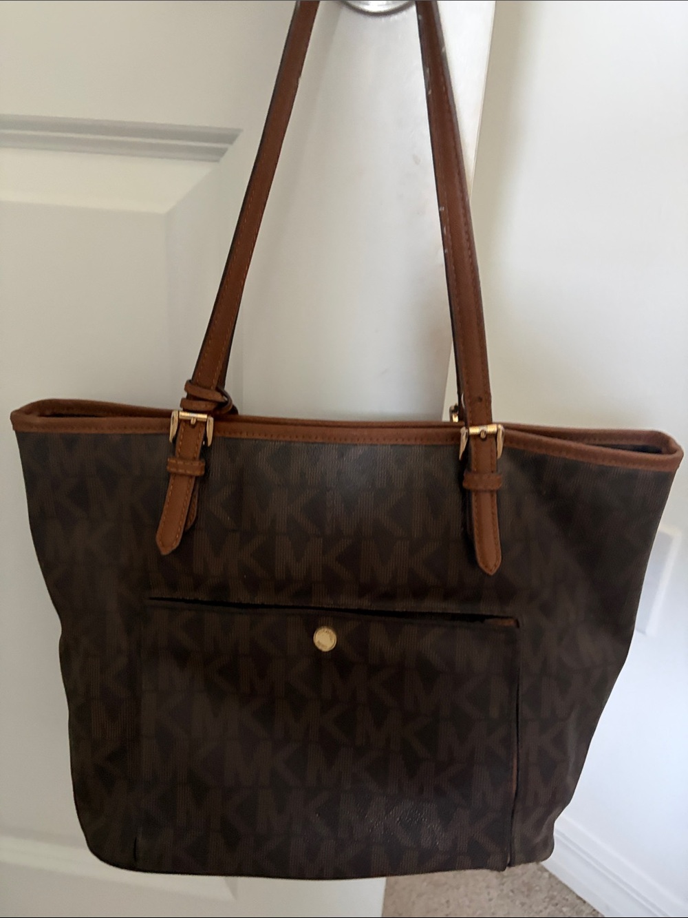 Michael Kors Brown Monogram Canvas Tote with Tan Leather Trim